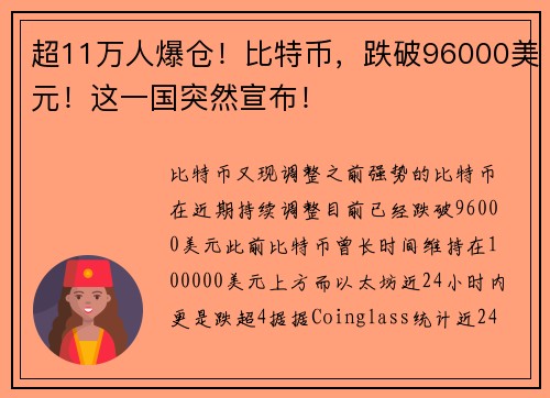 超11万人爆仓!比特币,跌破96000美元!这一国突然宣布!