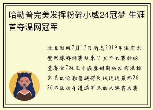哈勒普完美发挥粉碎小威24冠梦 生涯首夺温网冠军