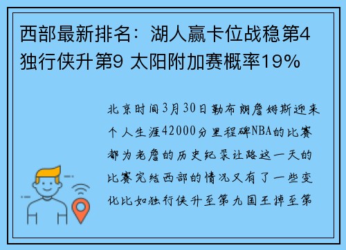 西部最新排名:湖人赢卡位战稳第4 独行侠升第9 太阳附加赛概率19%