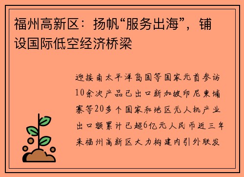 福州高新区:扬帆“服务出海”,铺设国际低空经济桥梁