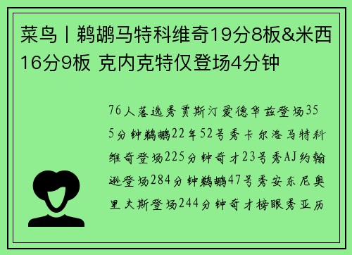 菜鸟丨鹈鹕马特科维奇19分8板&米西16分9板 克内克特仅登场4分钟